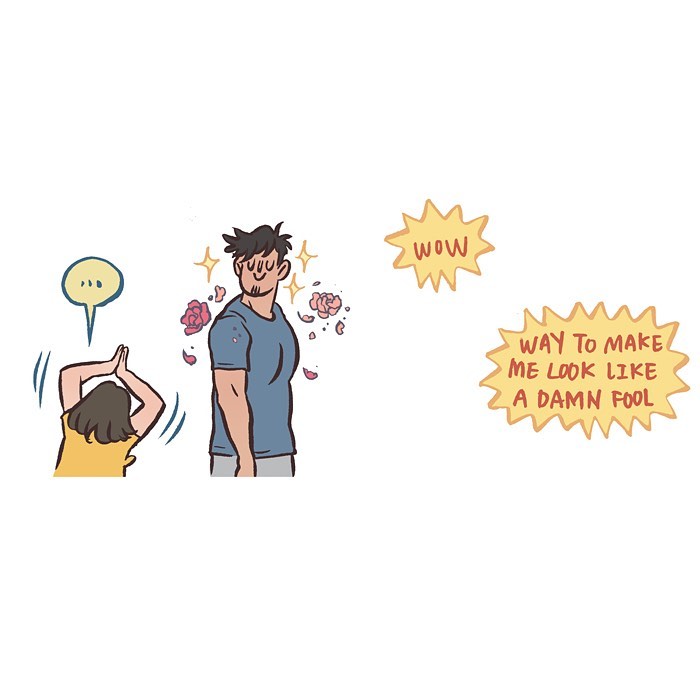 Malaysian artist cartoon showing a tall geeky husband and wife on a third date at a movie theater and dining together.