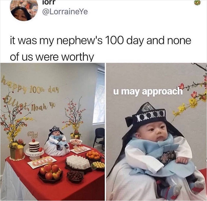 Funny Thunder Dungeon meme with a baby in traditional clothes at a 100th-day celebration on a decorated table.