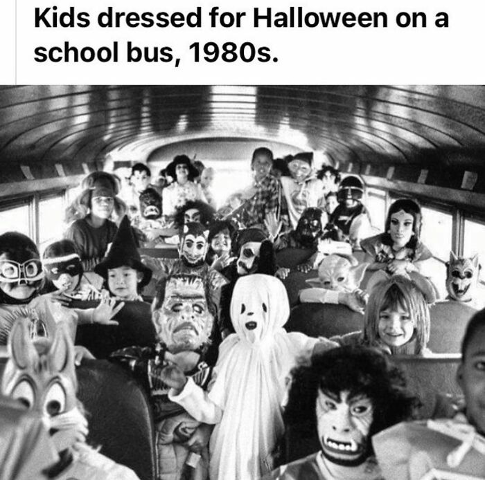 Kids dressed in Halloween costumes on a school bus in the 1980s, perfect for horror and Halloween fans' relatable memes.