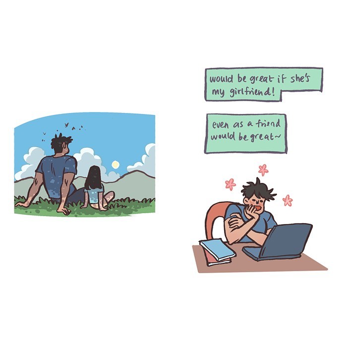 Illustration by Malaysian artist showing a couple sharing moments with tall, geeky husband and relatable daily life scenes.