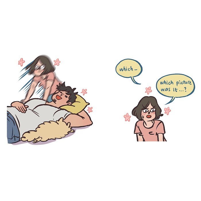 Illustration by Malaysian artist showing a couple sharing moments with tall, geeky husband and relatable daily life scenes.