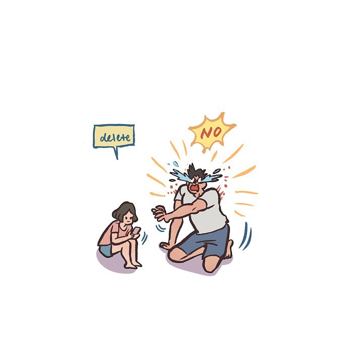 Illustration by Malaysian artist showing a couple sharing moments with tall, geeky husband and relatable daily life scenes.