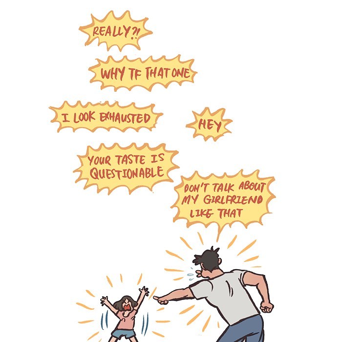 Illustration by Malaysian artist showing a couple sharing moments with tall, geeky husband and relatable daily life scenes.