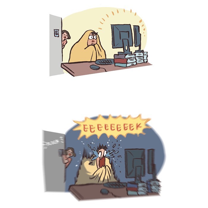 Malaysian artist’s comic showing her tall, geeky husband excited about October and Halloween month with spooky stuff.