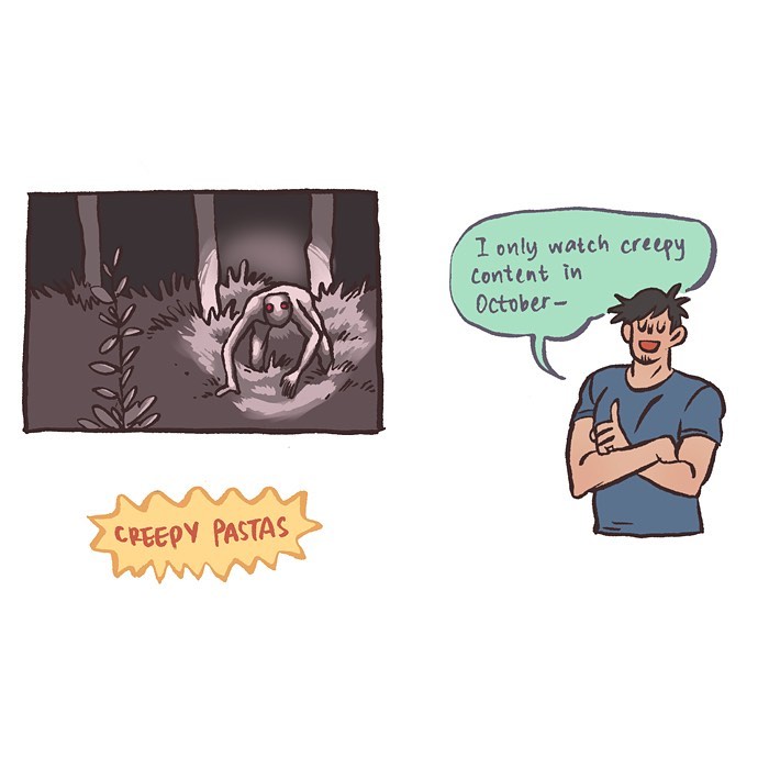 Malaysian artist’s comic showing her tall, geeky husband excited about October and Halloween month with spooky stuff.