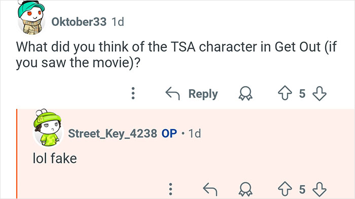Reddit user discussing TSA character in Get Out, relating to insights from a former TSA worker answering common questions.