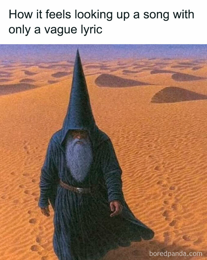 Wizard walking through a desert, symbolizing the struggle of looking up a song with only a vague lyric in Thunder Dungeon memes.