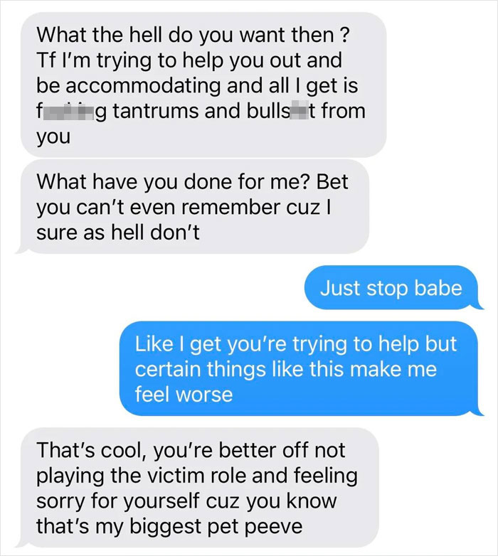 Text conversation showing a man accusing pregnant girlfriend of playing the victim when too sore and tired to work out