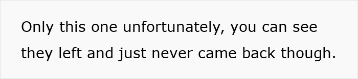 Text on a plain white background reading only this one unfortunately, you can see they left and just never came back though.