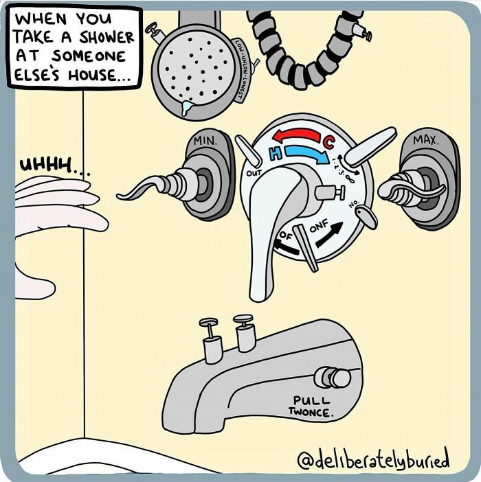 Cartoon by artist showing confusing shower controls with unexpected ending for those with a darker sense of humor.