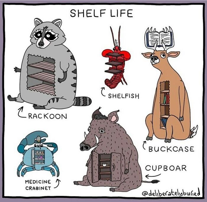 Comic illustration with dark humor featuring animals as shelves and cabinets in an unexpected twist.