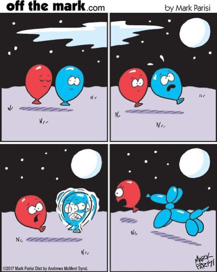 Cartoon comic strip showing balloons under moonlight with a funny twist in everyday life humor by Off the Mark.