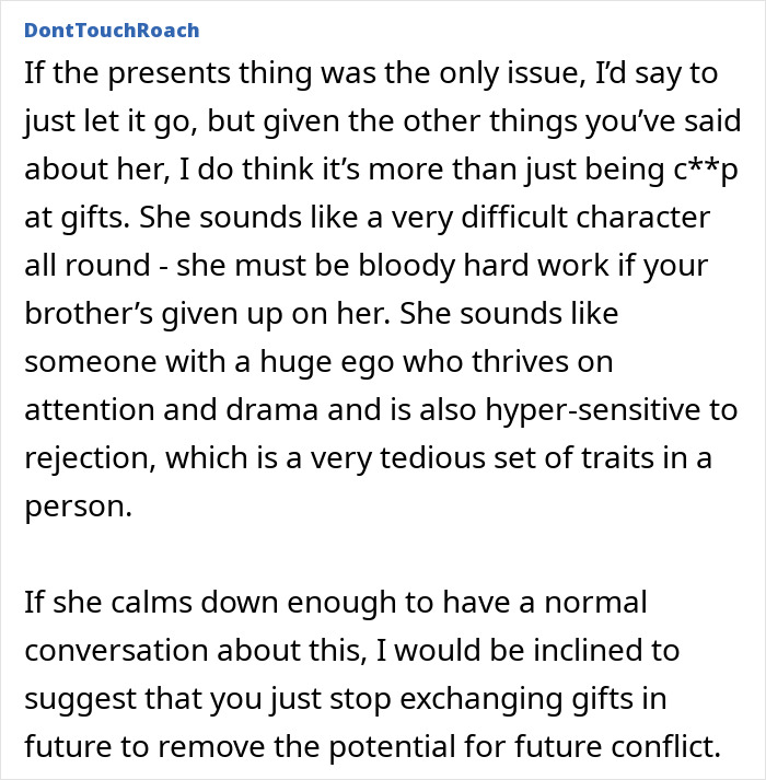 Alt text: Excerpt of advice discussing difficult mums and bad birthday presents causing family conflict and drama.