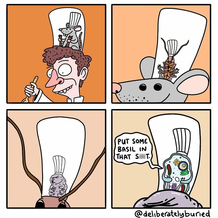Dark humor comic by artist showing unexpected ending with a chef, a mouse, and a cockroach on a cooking hat.
