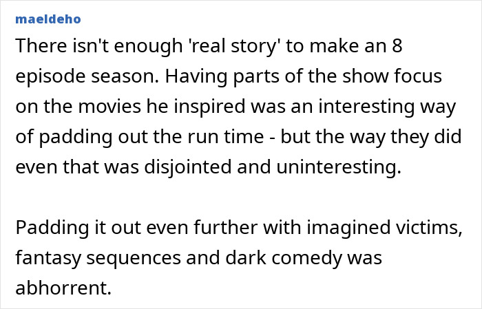 Text post discussing lack of real story in Netflix's Monster The Ed Gein Story and use of imagined victims and fantasy.