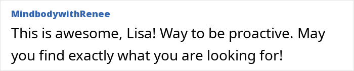Comment from MindbodywithRenee praising Lisa for her proactive approach in a campaign related to finding love.