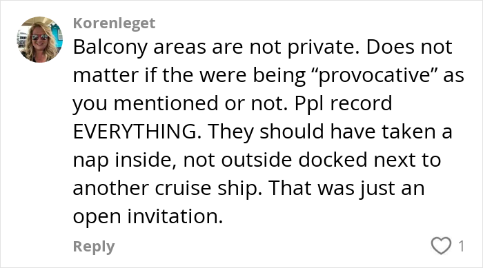 Comment discussing privacy concerns about strangers sleeping on cruise balconies sparking a viral video debate.