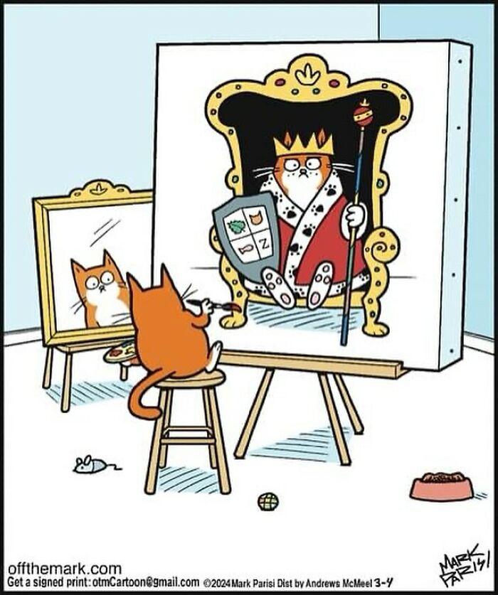 Cartoon cat painting itself as a king on canvas, showcasing humor in everyday life cartoons and illustrations.