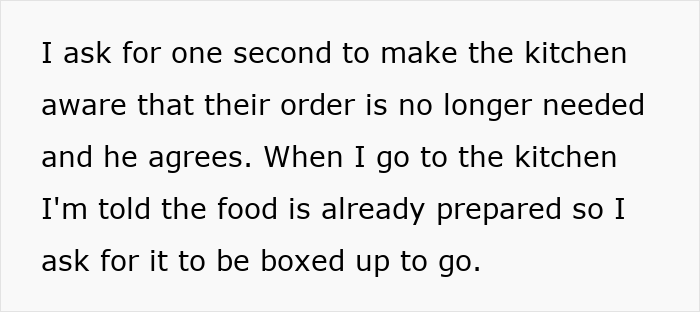 Text describing someone asking the kitchen to box up food after a restaurant panic attack involving an autistic woman.