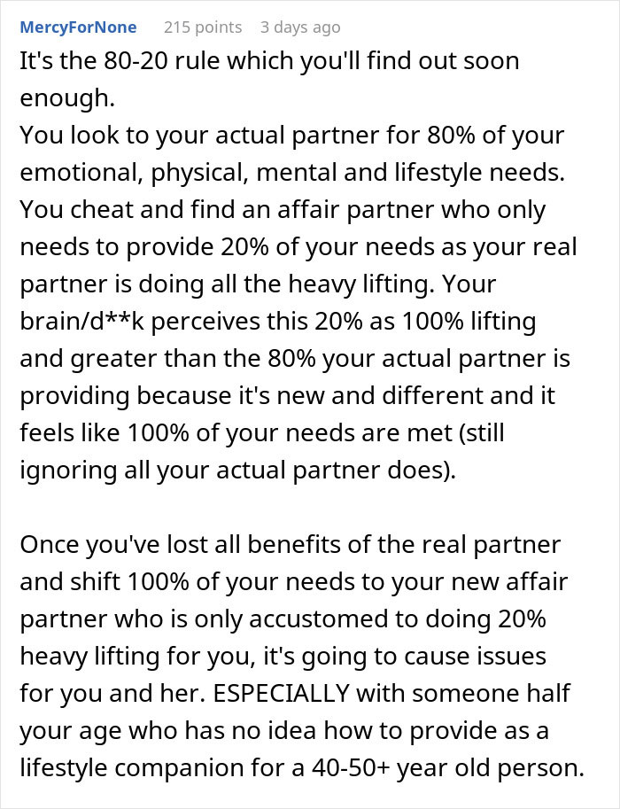 Comment explaining the 80-20 rule about emotional and lifestyle needs in relationships, relating to men leaving wives for younger women.