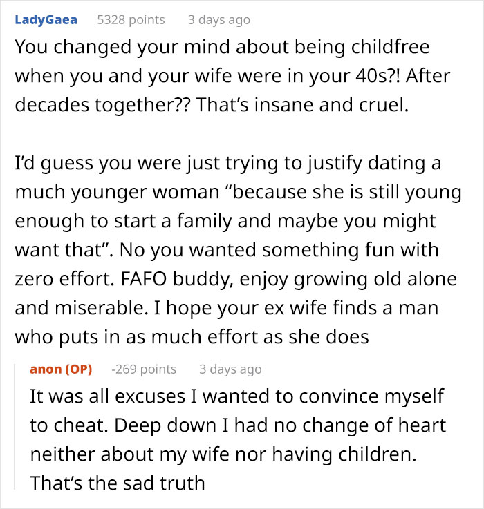 Reddit conversation about man leaving wife for a younger woman and facing the harsh truth of his selfish choice.