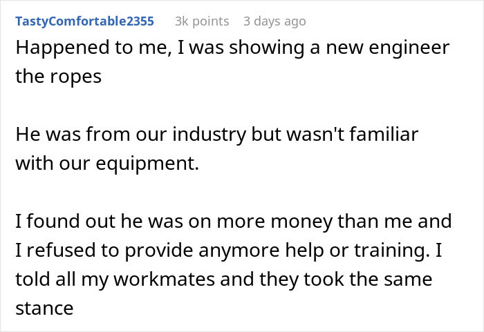 Reddit comment about company pay disparity as new hire gets $15K more despite claims they can’t afford raises.