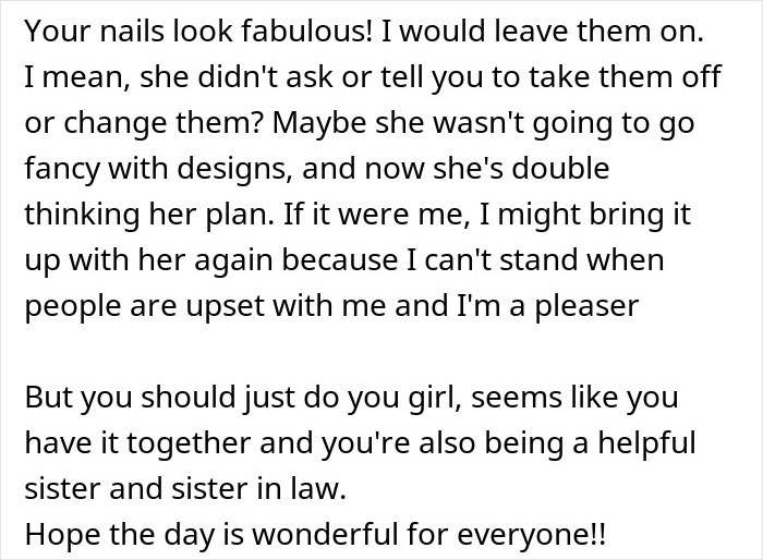 Comment text discussing bridesmaid doing her nails before a wedding with the bride upset, sharing advice and support.