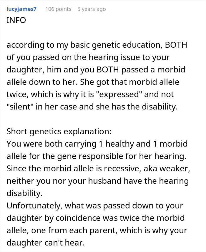 Comment explaining genetics behind hearing disability in a deaf baby and its impact on the family situation.