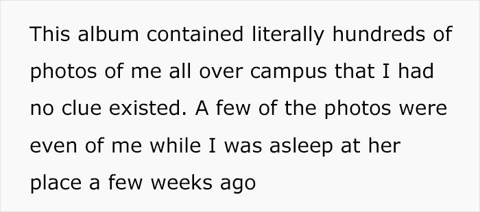 Text describing discovery of hundreds of secret photos taken by girlfriend within weeks of dating, viewed with concern.