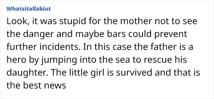 Text discussing mom's behavior leading to girl's terrifying plunge into ocean from Disney cruise ship and rescue by father.
