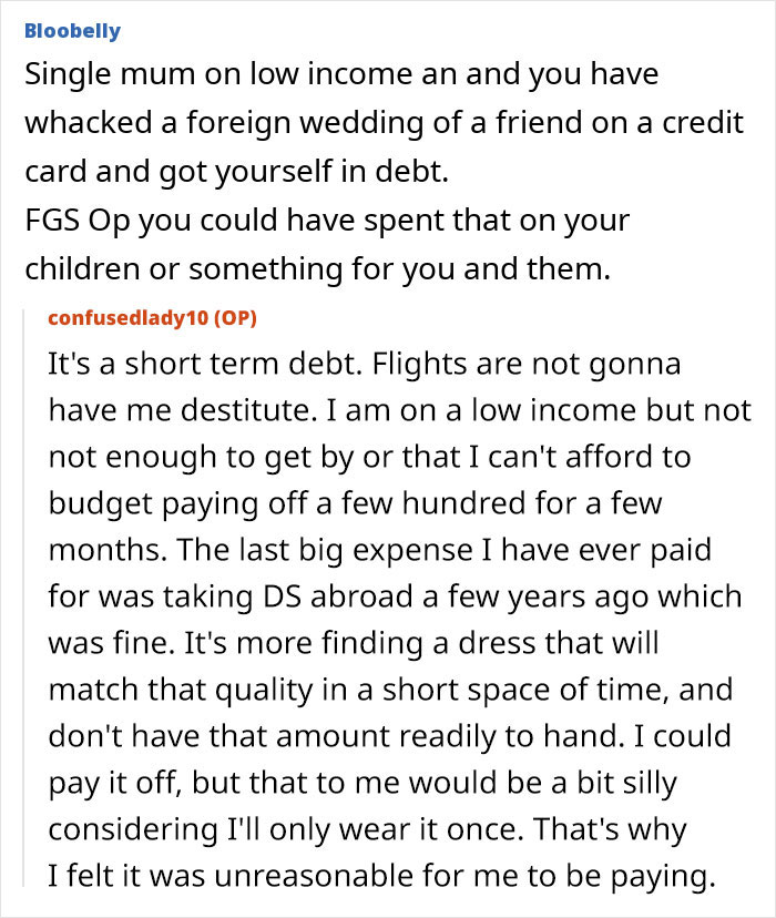 Text conversation showing woman upset about being asked to pay for her own bridesmaid&rsquo;s dress and debating short-term debt.
