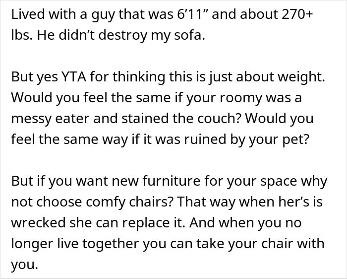 Text discussing a woman&rsquo;s dispute with her heavier roommate over paying more for a new couch due to damage.