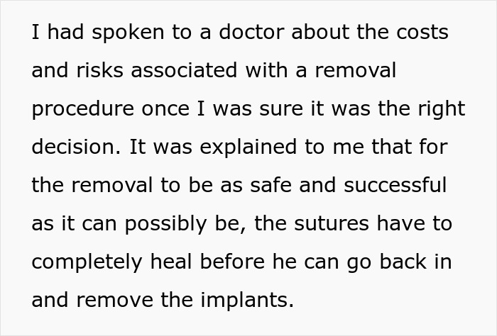 Text about a single mom discussing costs and risks of plastic surgery removal and healing process after implants.