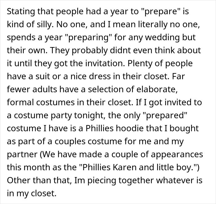 Text discussing lack of preparation for a Halloween wedding costume and challenges in finding formal or elaborate outfits.