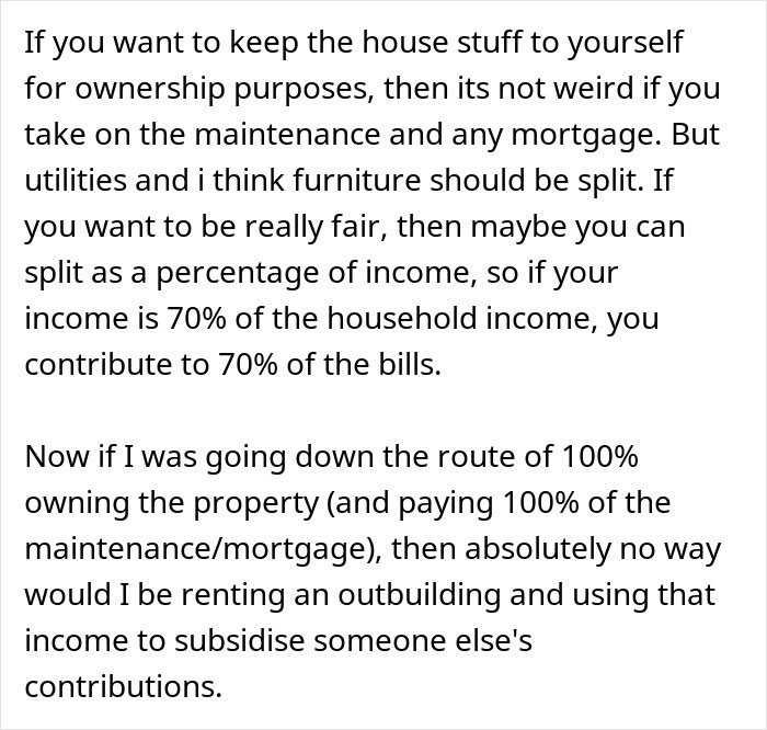 Text discussing fairness in splitting bills and mortgage payments when a woman refuses to contribute after her boyfriend buys a $600K house.