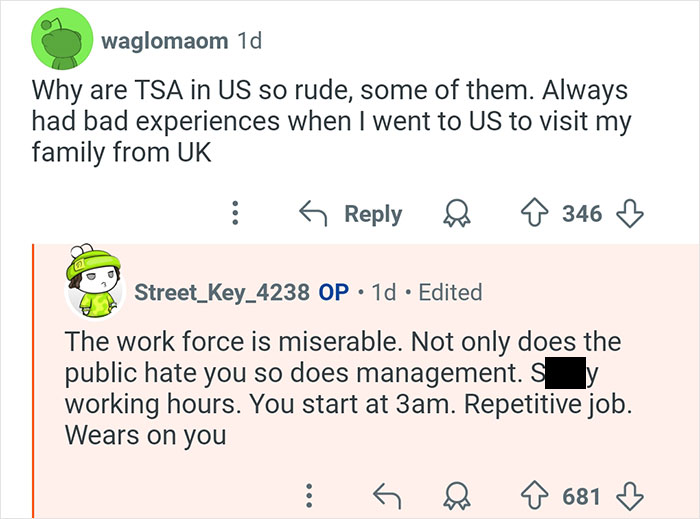Screenshot of a Reddit thread discussing rude TSA behavior and tough working conditions shared by a former TSA worker.