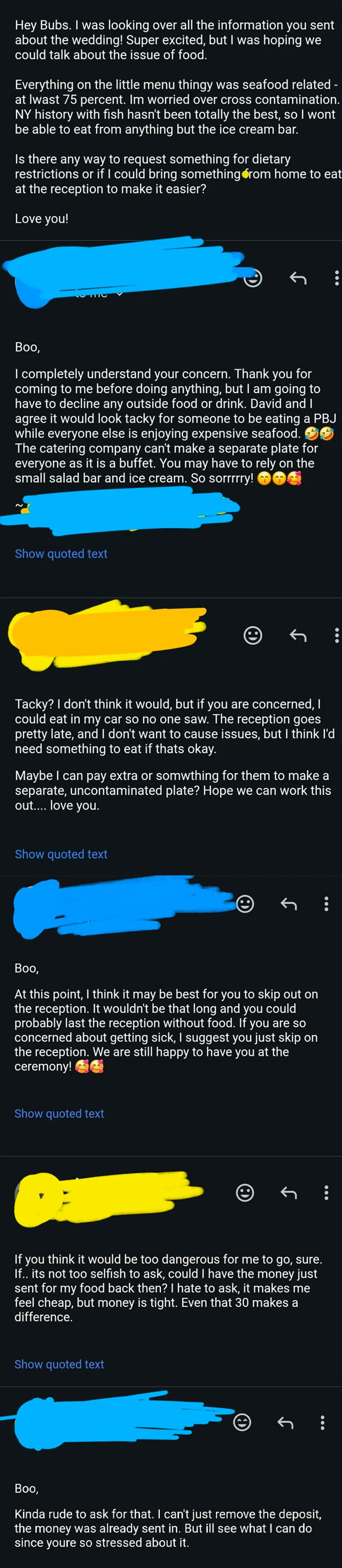 Email conversation showing guests discussing food restrictions and catering issues at a wedding, highlighting awkward wedding moments.
