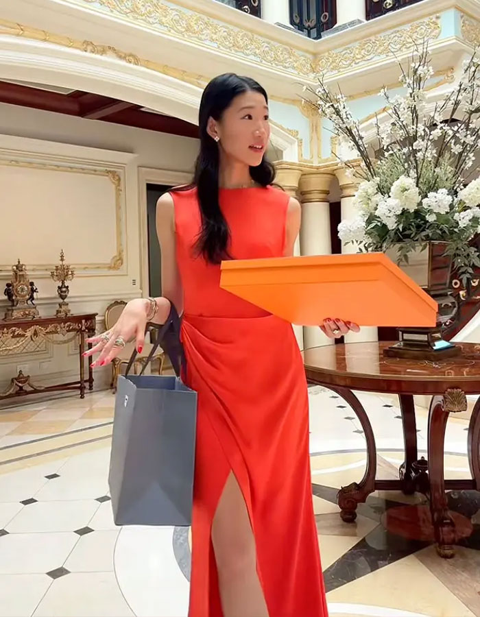 Billionaire influencer in red dress holding Hermès shopping bag and box inside a luxurious, ornate interior setting. Billionaire influencer in red dress holding Hermès shopping bag and box inside a luxurious, ornate interior setting.