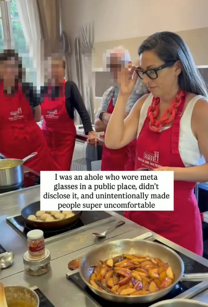 Woman wearing Meta glasses cooking in a kitchen, reflecting on uncomfortable vacation regrets after recording footage.