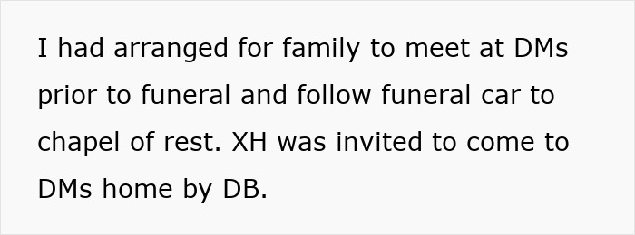 Family members including mother, partner, and ex-husband gathered to meet before funeral and follow procession.