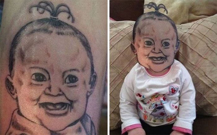Disturbing baby face tattoo on arm and matching face mask worn by child, showcasing awful tattoos and poor decisions.