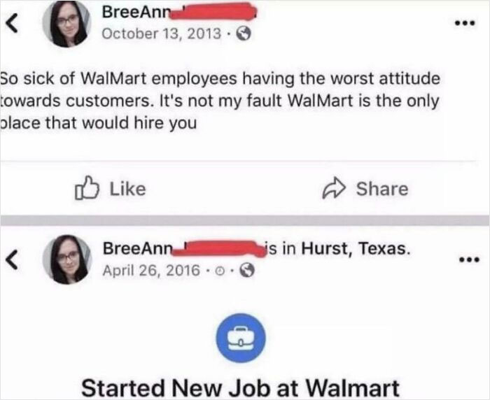 Screenshot of a social media post about Walmart employees and starting a new job at Walmart, People of Walmart humor.