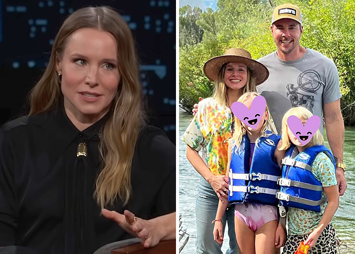 Kristen Bell speaking in an interview and posing with Dax Shepard and kids wearing life jackets outdoors.