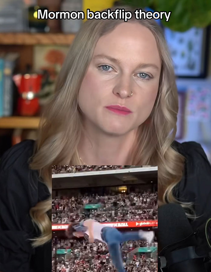 A woman explaining Mormon backflip theory with a viral video of a backflip in front of a large crowd in the background.