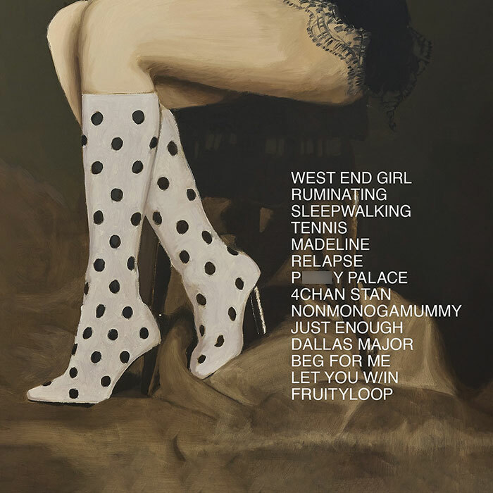 Polka dot high heeled boots worn by a woman sitting, with text overlay referencing David Harbour&rsquo;s friend and accusations.