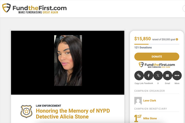 Photo of a fundraiser webpage honoring NYPD detective and mom of 3 found deceased after cosmetic surgery.