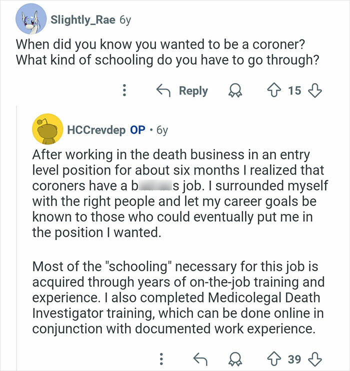 Reddit conversation discussing the schooling and career path required for coroners in the death investigation field.