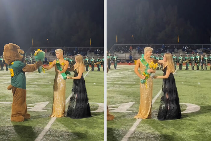 Missouri&rsquo;s first male homecoming queen in a gold gown receives flowers on a football field during the ceremony at night.