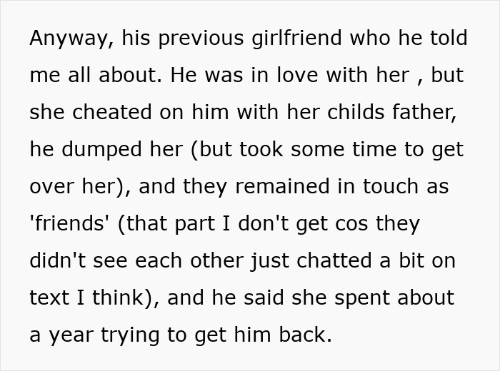 Text about a 51YO woman feeling insecure as she suspects her boyfriend enjoys attention from his newly-single ex.