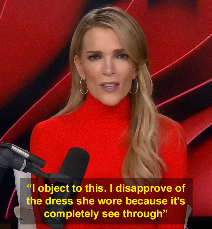 Megyn Kelly in red speaking into microphone, addressing pro-modesty and see-through look controversy.
